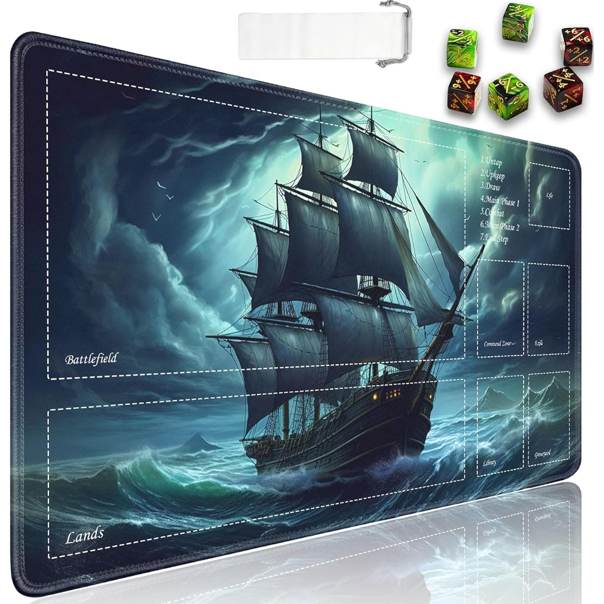 TCG Playmat, Magic the Gathering Ultra Pro Playmat with Zones, 24x14 Inch Non-Slip Rubber MTG Playmat with Drawstring Travel Pouch and 6 Dice, Pirate Ship MTG Mat, Card Game Playmat