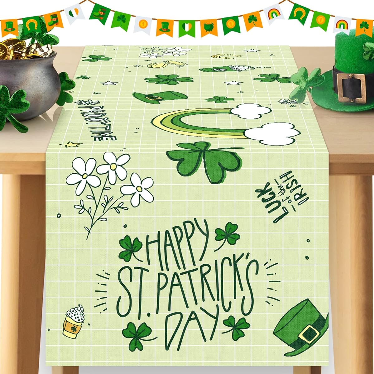 Opawel St. Patrick's Day Table Runner Lucky Shamrock Seasonal Spring Holiday Kitchen Dining Table Decor St. Patrick's Day Decorations Indoor Outdoor Home Party Decor