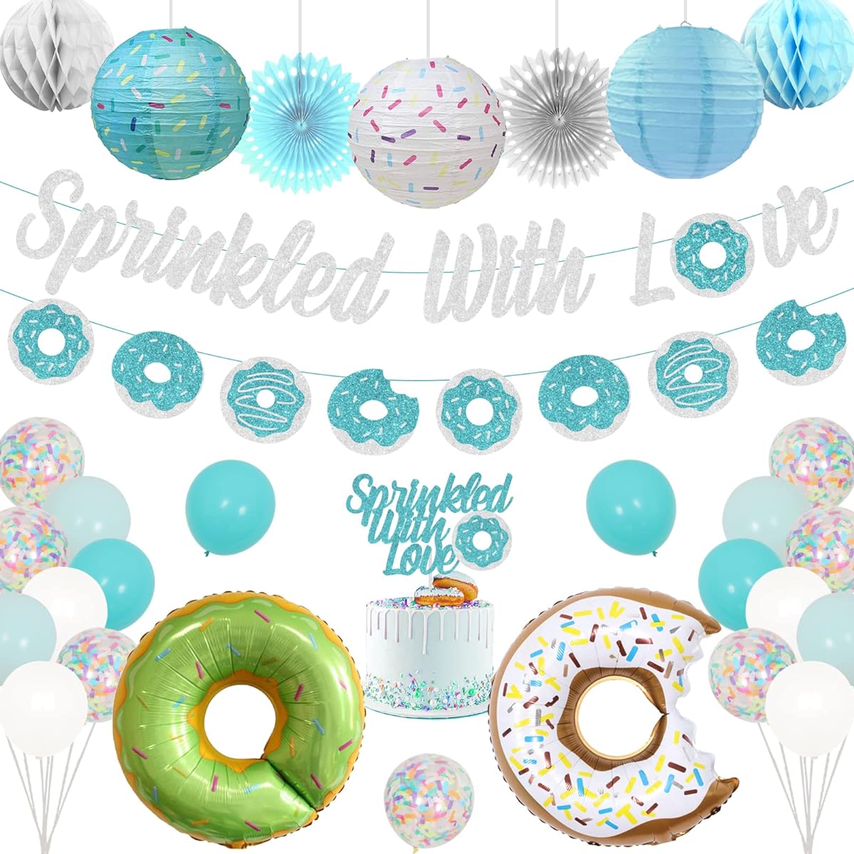 Sprinkle with Love Baby Shower Decorations Blue Donut Baby Shower Decorations Boy and Lantern Honeycomb Ball Donut Foil Balloon Baby Shower Party Supplies