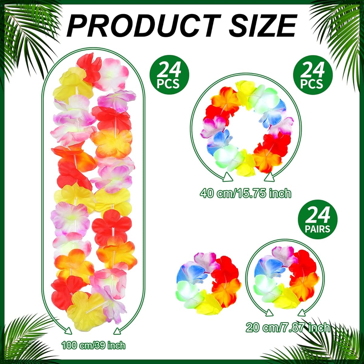24 Sets Hawaiian Party Flower Leis Necklaces Headbands and Bracelets with 24 LED String Lights for Wedding Birthday Beach Holiday Hawaii Theme Dance Party Decorations