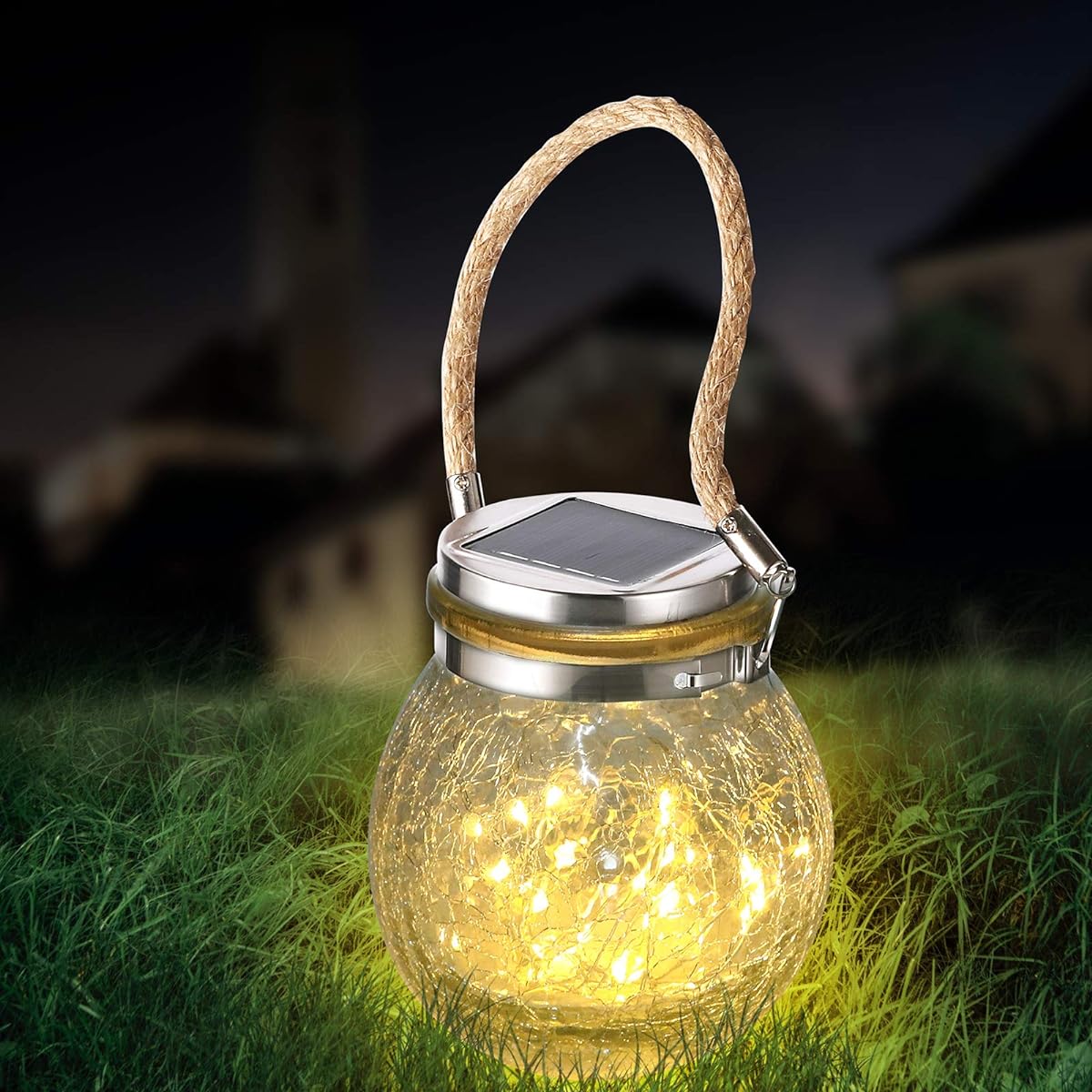 Solar Hanging Lantern Outdoor Waterproof Table Lamp Decorative Cracked Glass Jar 30LED Lights Garden Tree Courtyard Patio Aisle Christmas Holiday Party Decoration (1, Warm Lights)