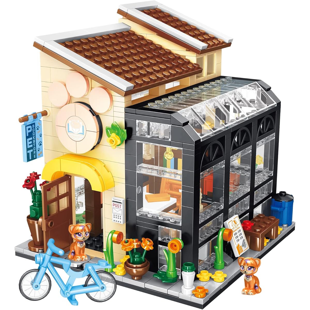 Pet Flower House Building Blocks Set with Cat Figures, Pet Bookstore Assembly Toy Kit with Beautiful Gift Box, Great Birthday Gift for Girls Ages 6-10 (640 Pieces)