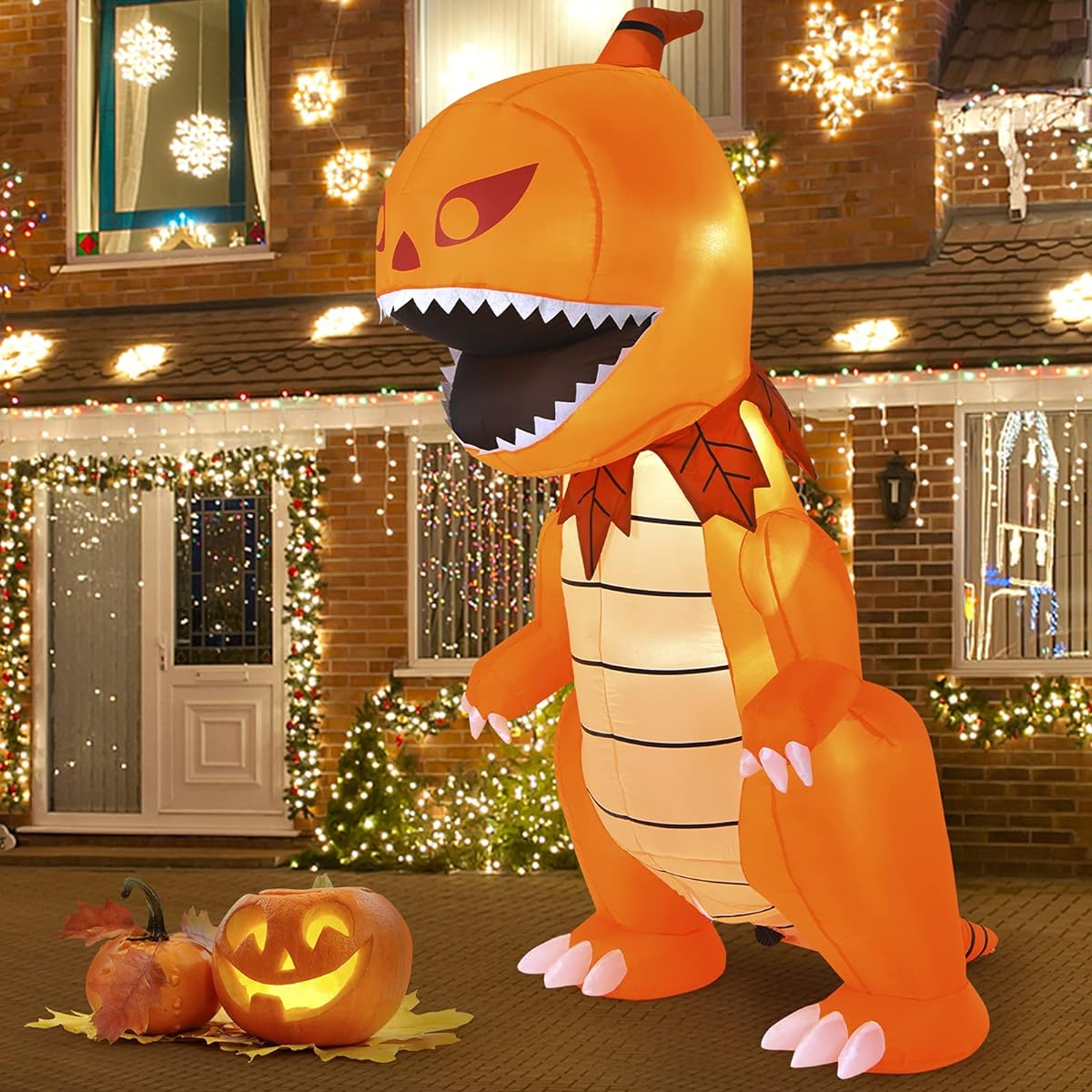 Tangkula 8ft Halloween Inflatable Pumpkin Head Dinosaur Big Explosion Halloween Dinosaur with LED Light & 4 Stakes for Indoor & Outdoor Holiday Decorations for Backyard Lawn Party