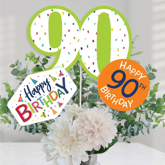 90th Birthday - Cheerful Happy Birthday - Colorful 90th Birthday Party Centerpiece Sticks - Table Toppers - Set of 15