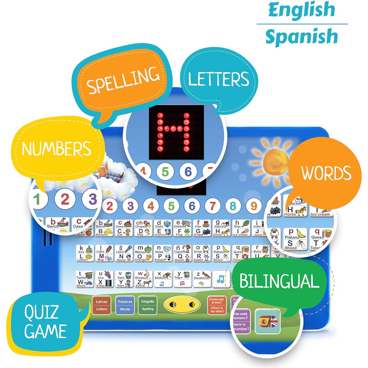 English & Spanish Bilingual Learning Tablet Toy, Boxiki Kids with Small LED Screen | ABC, Animals, Fruits and More Words | Learning Toys for Ages 2+