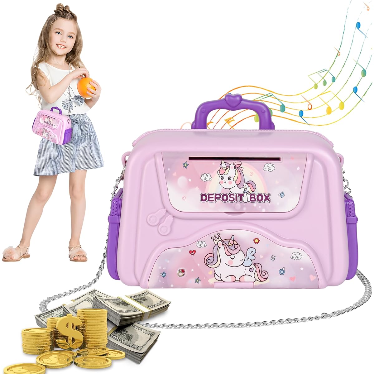 Supedpz ATM Money Box Electronic Mini ATM Machine Password & Fingerprint Unlock Unlocked ATM Bank Electronic Coin Can with Lights, Music and Chain Shoulder Strap (Purple Unicorn)