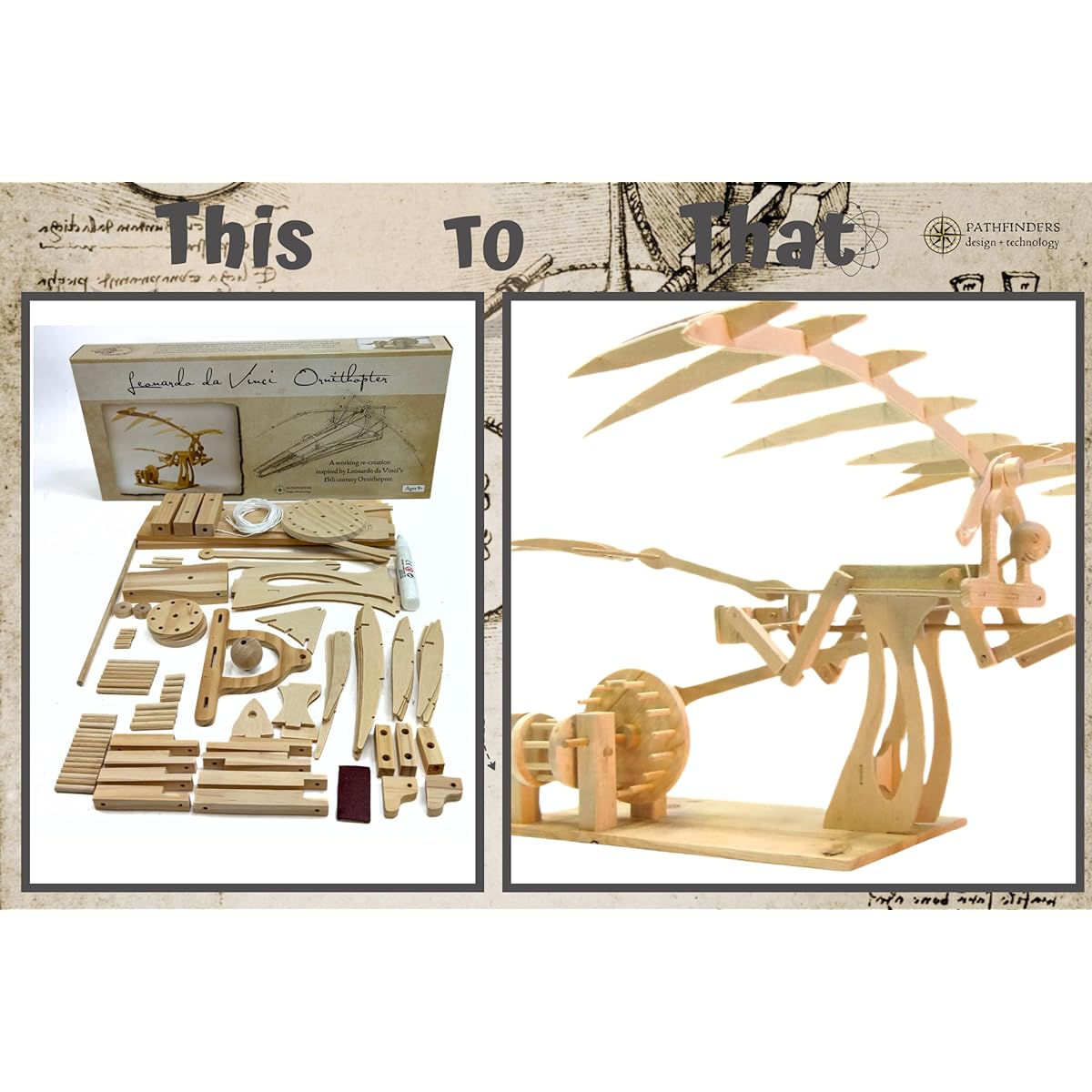 Aozora Leonardo da Vinci's Wooden Science Model Flapping Bird Airplane