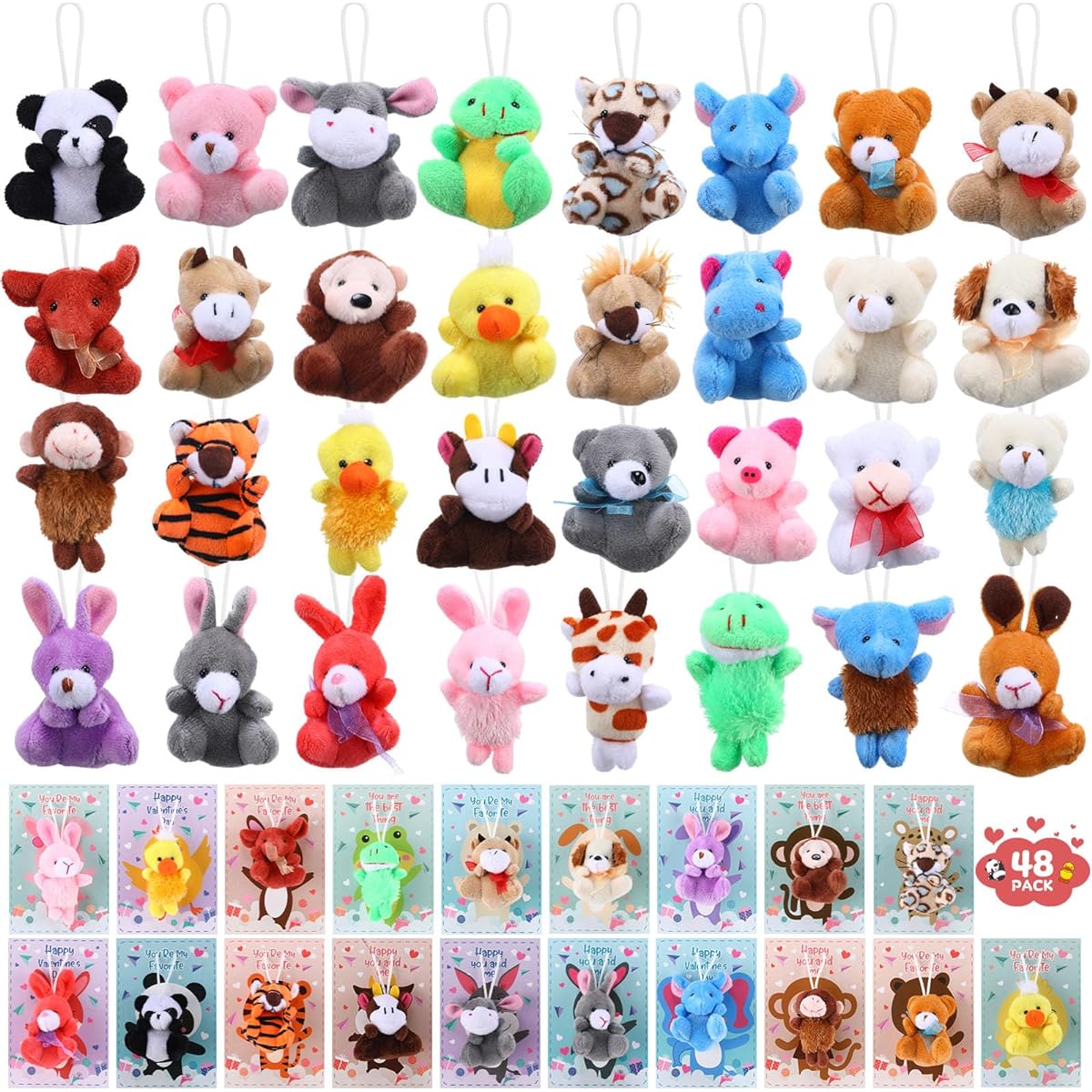 Syhood 48 Pieces Mini Valentine's Day Stuffed Animal Toy Set Kids Gift Small Animal Keychain Cute Card Cellophane Bag Valentine Party Favors Supplies School Class Favors Boys Girls Exchange