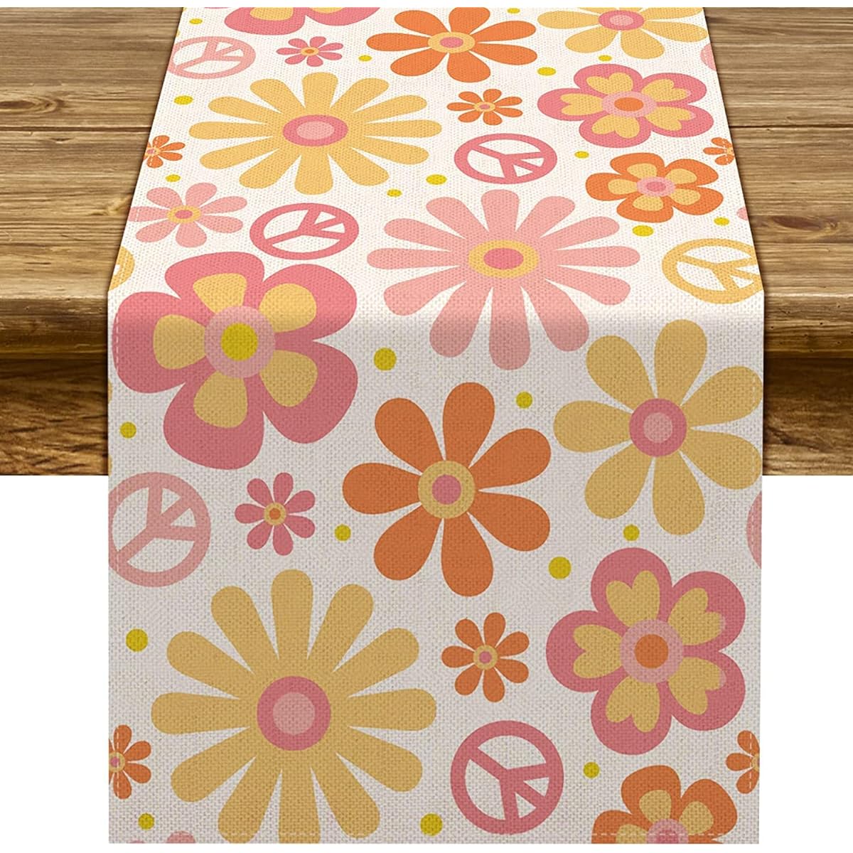 Groovy Table Runner Hippie Daisy Flower Peace Love Birthday Party Retro Kitchen Dining Home Decorations (13" x 48")