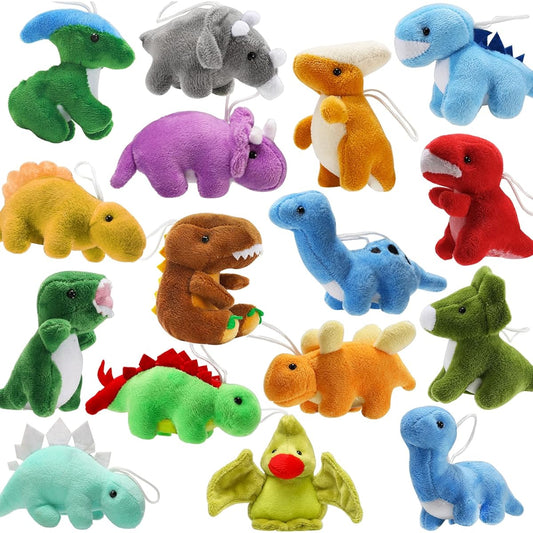 Stuffed Dinosaurs 16 Pack Bulk Mini Dinosaur Figures Assortment Keychain Toys Soft Dinosaur Plush Toy Set Gifts for Kids Easter Basket Stuffers Goodie Bag Fillers Doll Machine Toddler Party Favors, Multicolor, 16 Piece Assortment