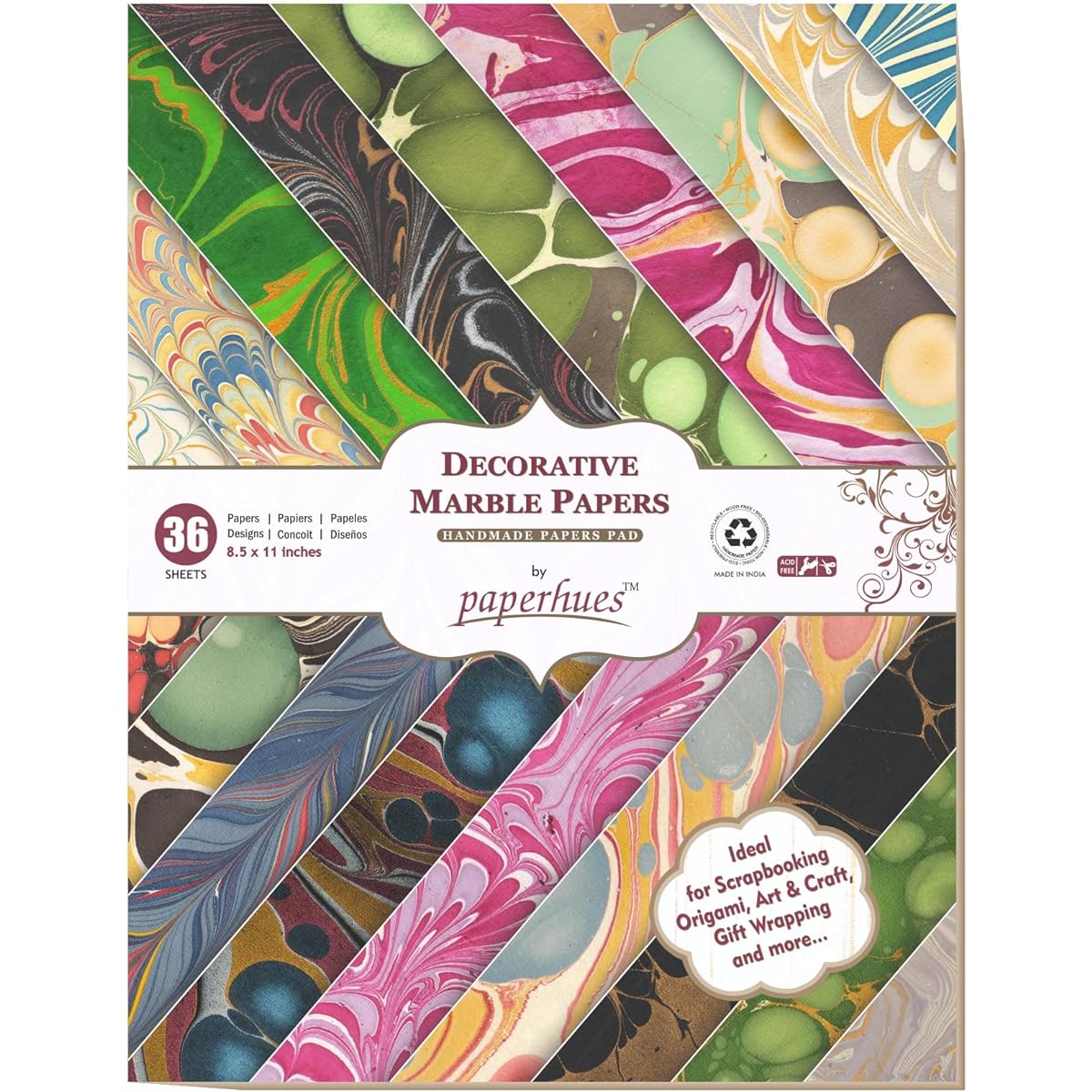 Paperhues Marbled Handmade Paper Collection 8.5x11 inch Pad of 36 Papers