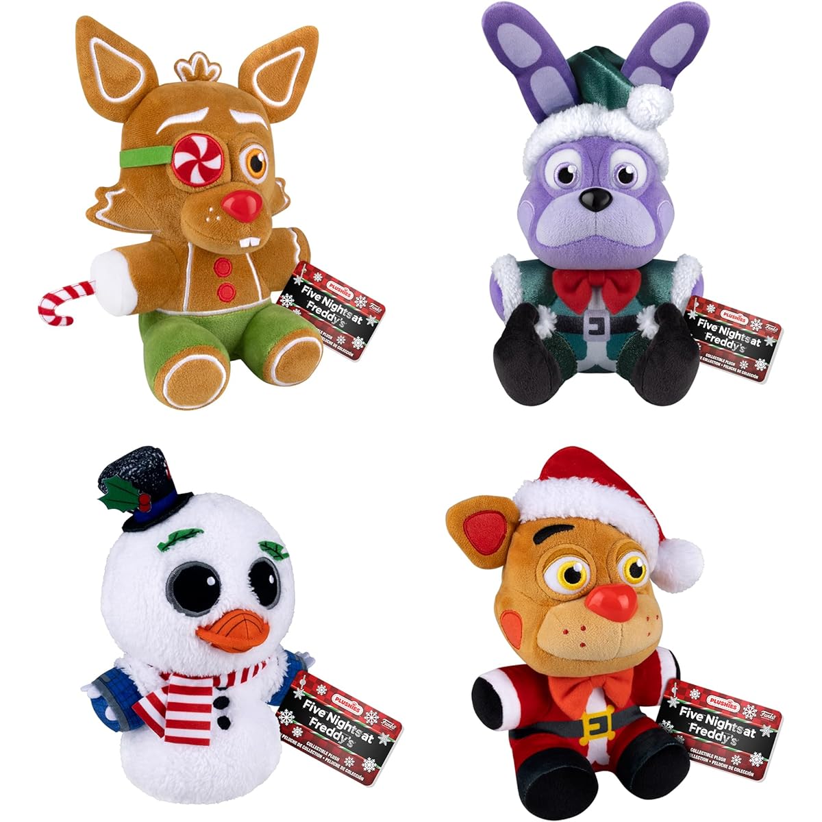 Funko Plush FNAF Five Nights at Freddy's - Set of 4 - Holiday Elf Bonnie, Holiday Snowman Chica, Holiday Gingerbread Foxy, Holiday Santa Freddy
