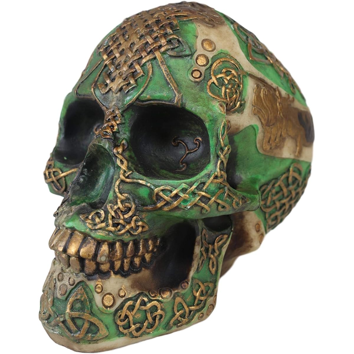 Ebros Tooled Celtic Lion Knotwork Shamrock Green and Gold Tribal Skull Piggy Bank Figurine Ossuary Macabre Labyrinth Dark Art Decorative Statue Pig Money Box