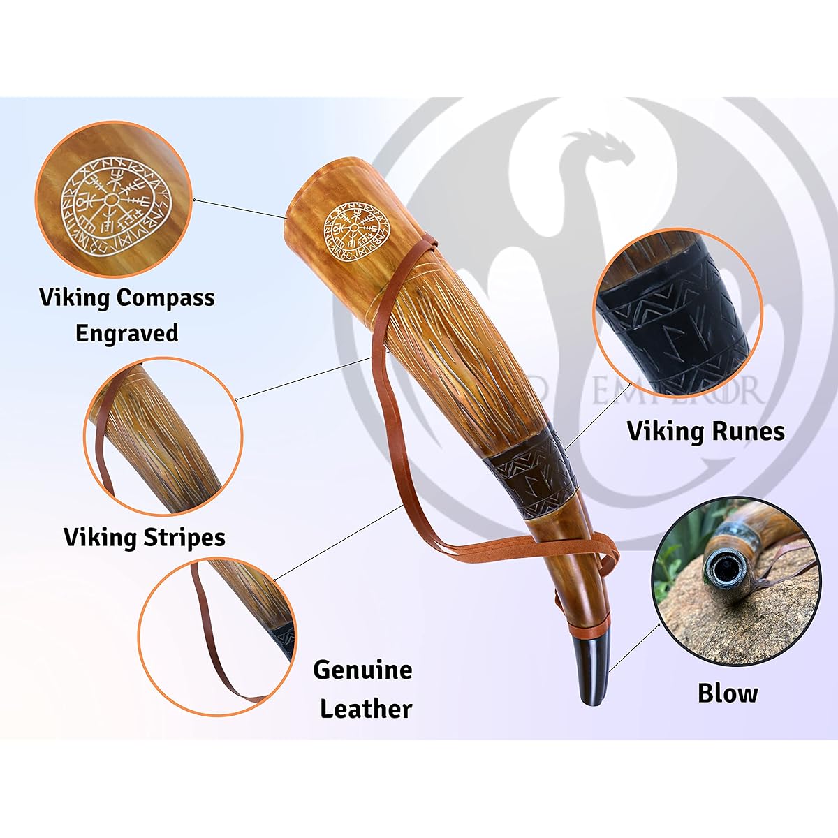 Viking War Blowing Horn | 18" Real Cow Battle Trumpet with Leather Strap Hand Carved | Easy and Clear Sound | Gift Bag