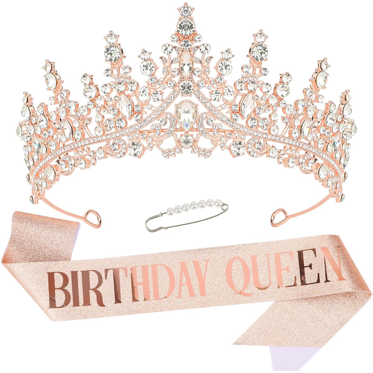 CURASA Birthday Sash and Crown for Women, Rose Gold Birthday Queen Sash, Birthday Tiara for Little Girls, Rhinestone Birthday Queen Crown for Women Kids Birthday Decoration Gift Birthday Party, Metal