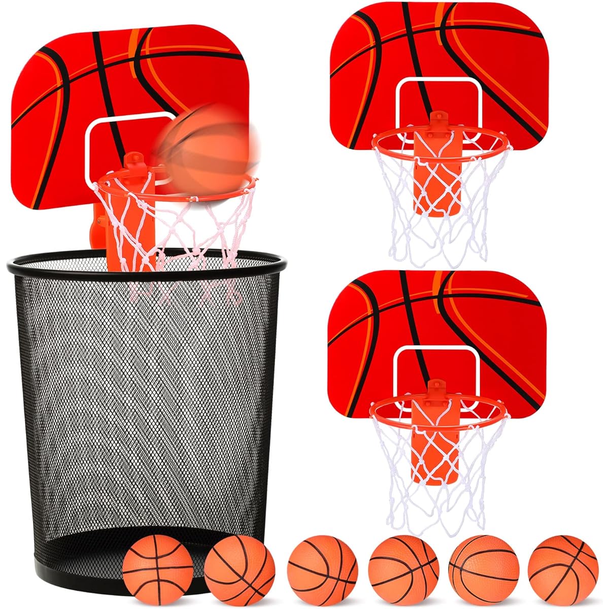 Honoson 3 Sets Indoor Trash Basketball Game Set, Mini Clip-on Basketball Hoop with Backboard, 6 Inflatable Balls, 3 Pumps for Kids Adults Office Decompression Christmas Toy Birthday Gift