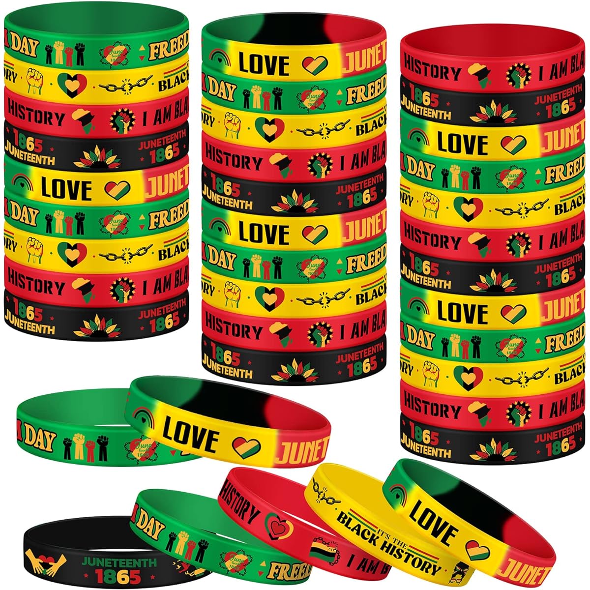 Skylety 120pcs Happy Juneteenth Rubber Bracelet Freedom Day Silicone Wristband June Gift African Afro American Festival Party Favors Independence Day Patriotic Goodie Bag Stuffer, No Jewelry.