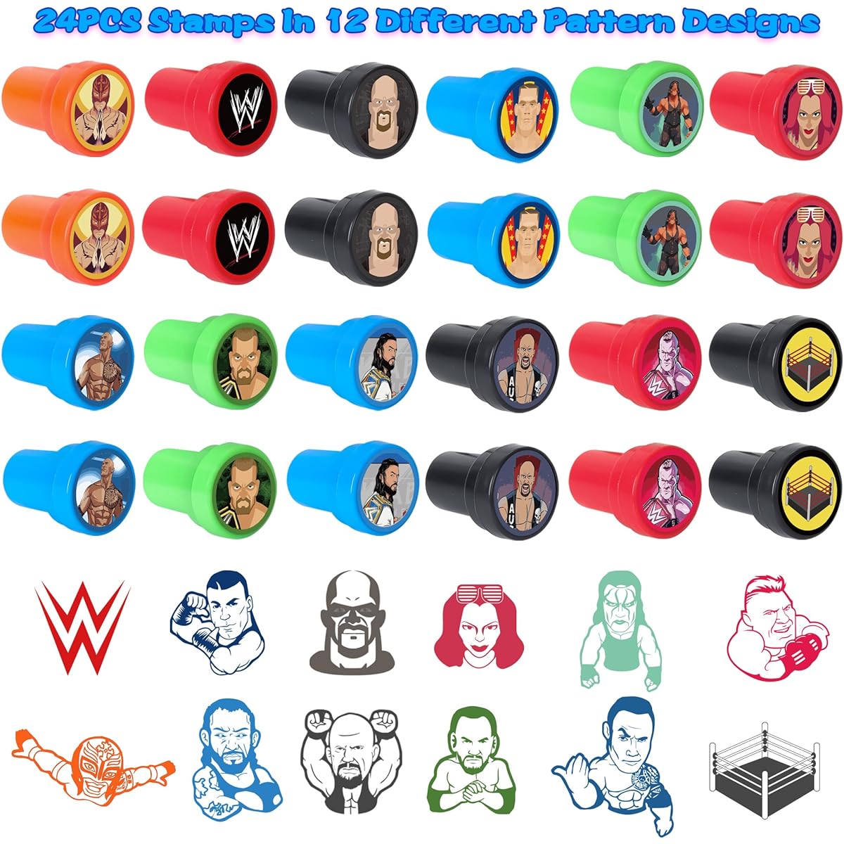 24 Pcs Wrestling Birthday Party Stamps for Boys Girls Cartoon Wrestling Theme Party Supplies Self Inking Stamps Wrestling Birthday Favors Perfect Treat Goodie Bag Stuffing Crafts DIY Cards