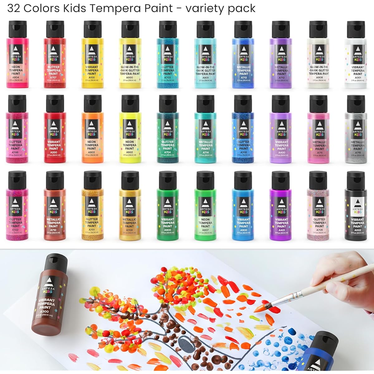 Arteza Tempera Washable Paints for Kids, Set of 32, 2.03oz/60ml Bottles, Poster Colors for Craft Projects, Sponge Painting, Finger Painting, Includes Neon, Glitter, Glow in the Dark Colors