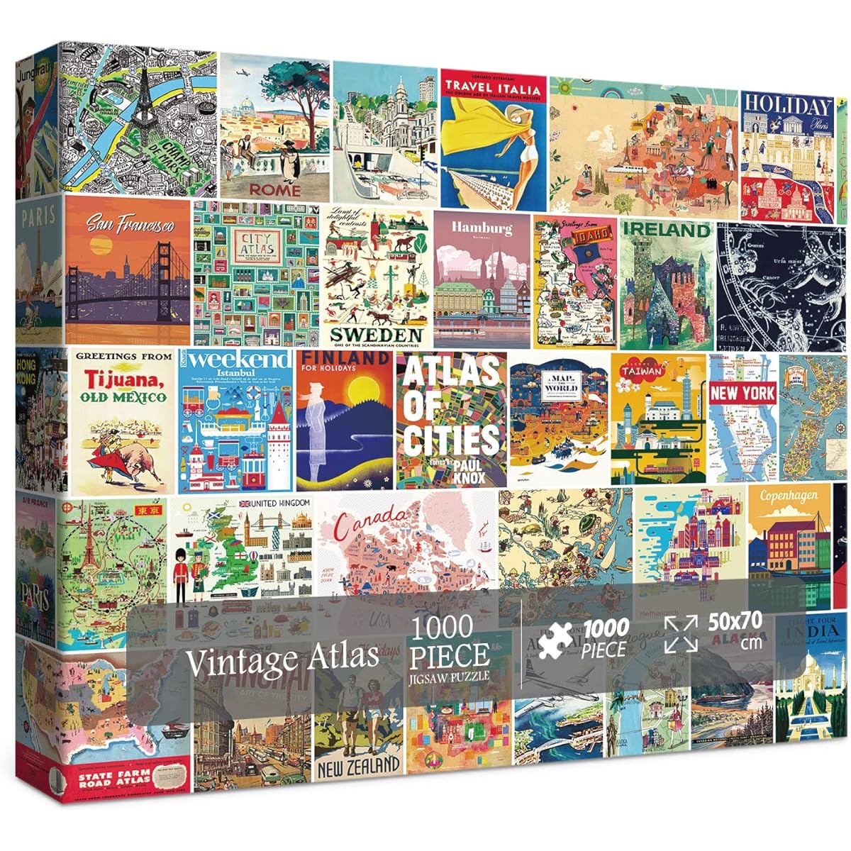 Vintage Travel Puzzle for Adults 1000 Piece World Atlas Landmarks Jigsaw Puzzle Ireland London Italy Map Puzzle