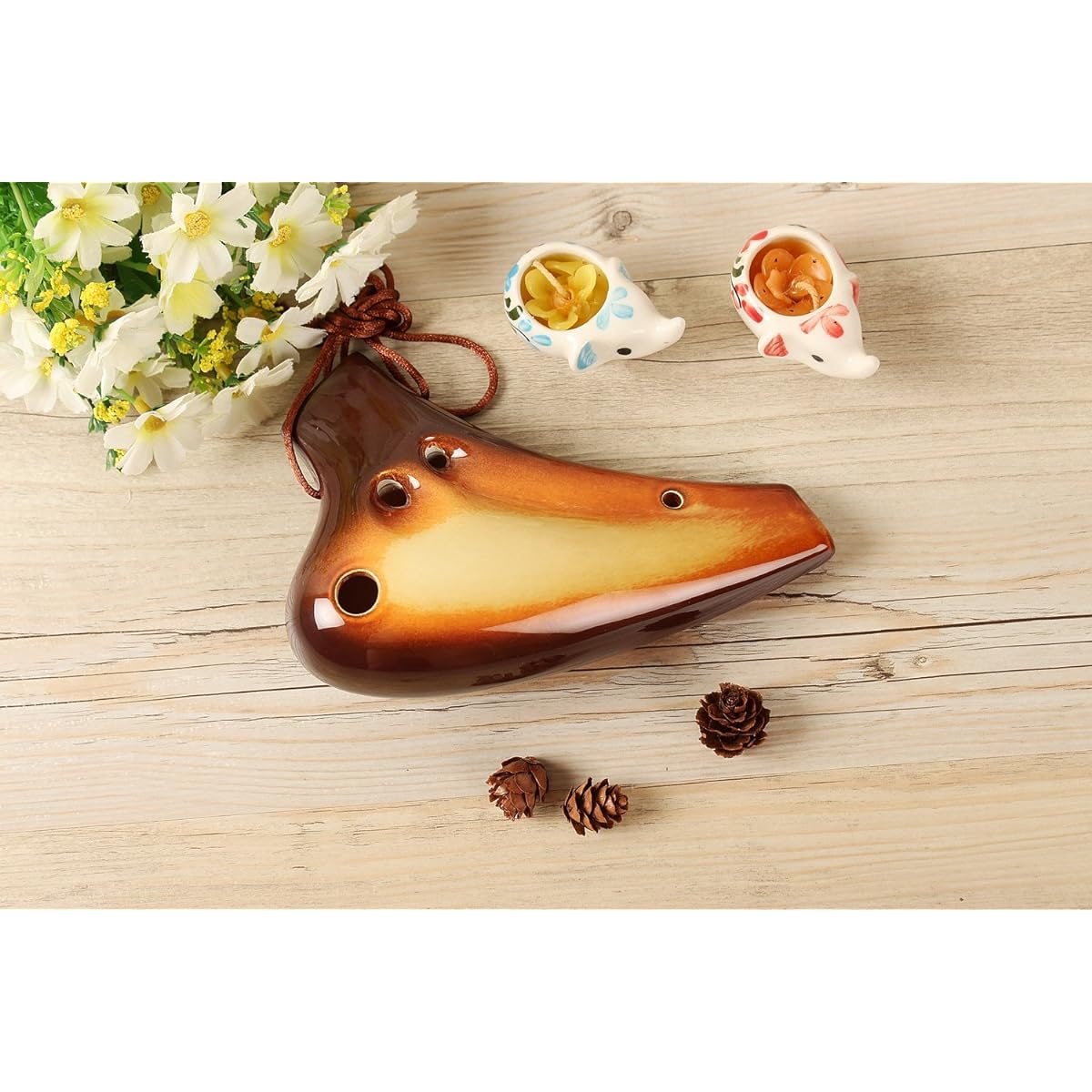TNG Ocarina Musical Instrument [Double/Alto/Orange] High Class C Tone AC Multiple Tubes (Fingering Chart Included) Ocarina Wind Wind Glaze Finish Golden Brown Genuine Leather Strap Included