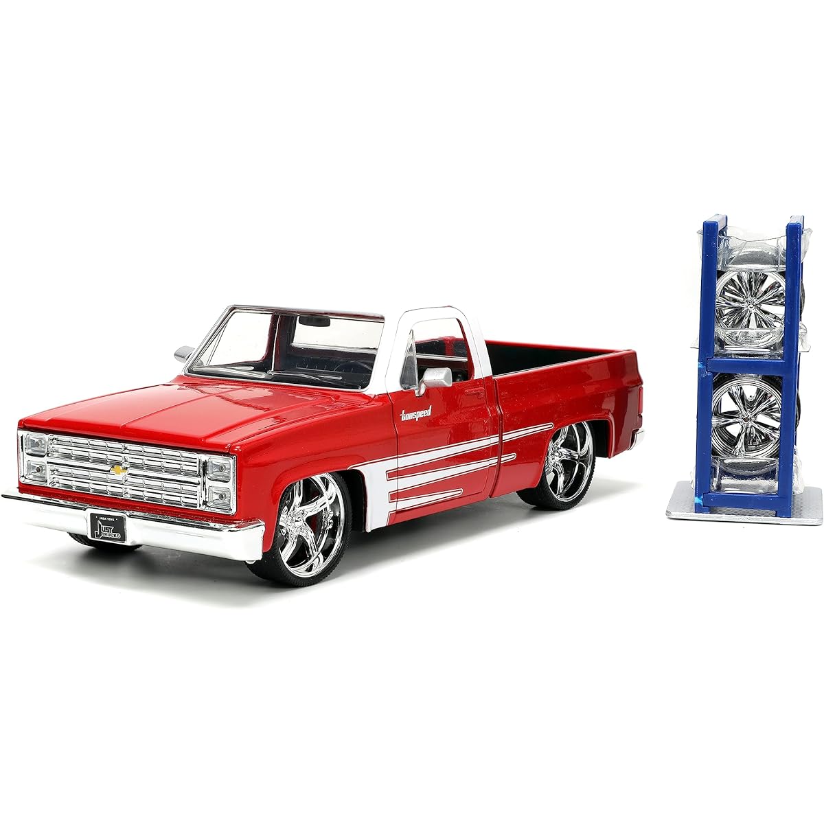 Just Trucks 1:24 1985 Chevy C10 Die Cast Truck with Tire Rack Toy for Kids and Adults (Red/White)