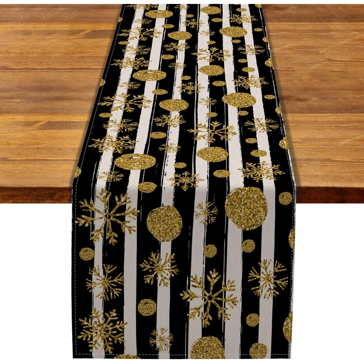 Merry Christmas Happy New Year Table Runner Linen Gold and Black Stripes Winter Holiday Rustic Kitchen Dining Room Decor