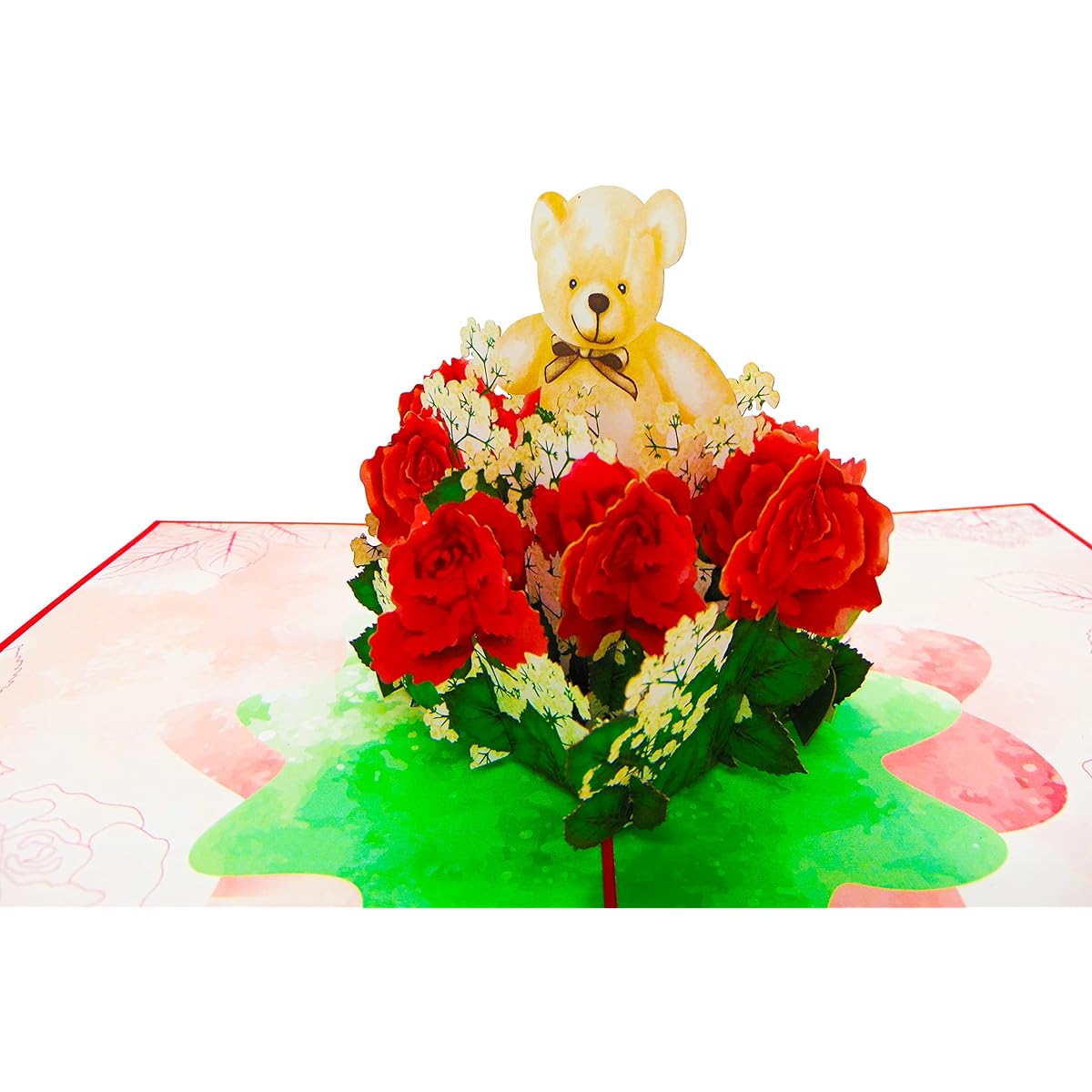 Bouquet with Teddy Bear Pop-up Card 3D Pop-up Greeting Card for Birthday Valentine's Day Mother's Day Spring Father's Day Graduation Wedding Anniversary Get Well All Occasion 7"x5"