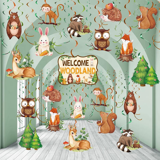 30 Pieces Forest Animals Hanging Swirl Decorations Forest Friends Birthday Party Foil Ceiling Decor for Boys Girls Kids Woodland Classroom Decorations Jungle Birthday Party Fox Party Baby Shower Supplies