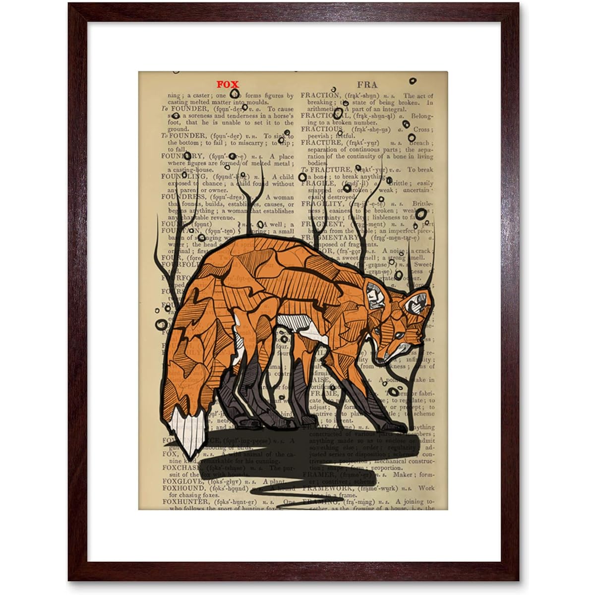 Upcycle Dictionary Fox Drawing Animal Framed Art Print Poster F97X12407 9x7 inc - 23x18 cm Brown F97X12407_DO