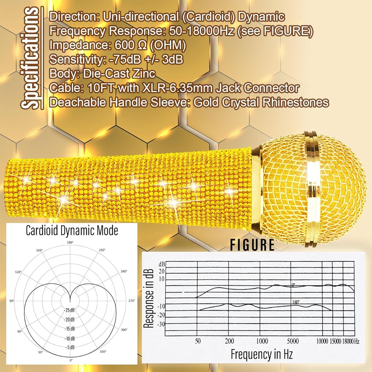 RhymKawa Gold Wired Microphone with Cable Cardioid Dynamic Vocal Mic Rhinestone Handle Metal Body (Gold)