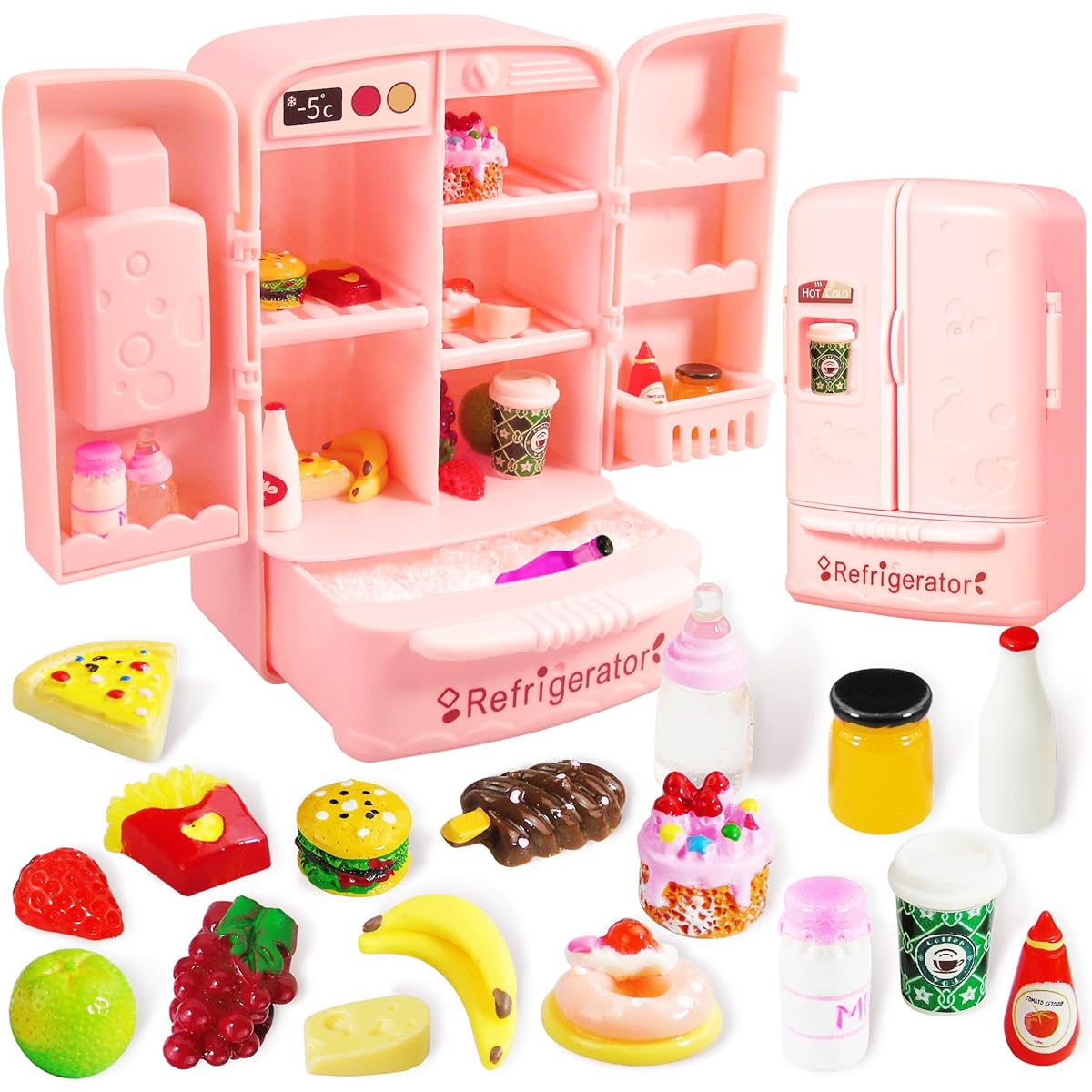 Mini Dollhouse Fridge Miniature Dollhouse Fridge Mini Fridge Toy with Food Mini Toy Fridge with Ice Cubes Kids Play Kitchen Furniture Toy Set