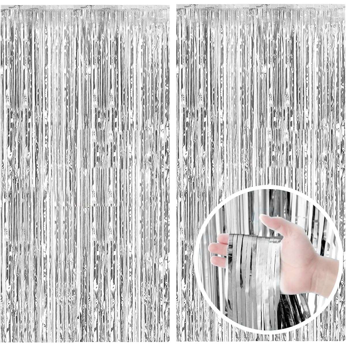 Silver Background Curtain Party Decorations Foil Fringe Backdrop Silver Tinsel Streamers for Birthday Bachelorette New Year Christmas Wedding Baby Shower Disco Party Decorations Pack of 2