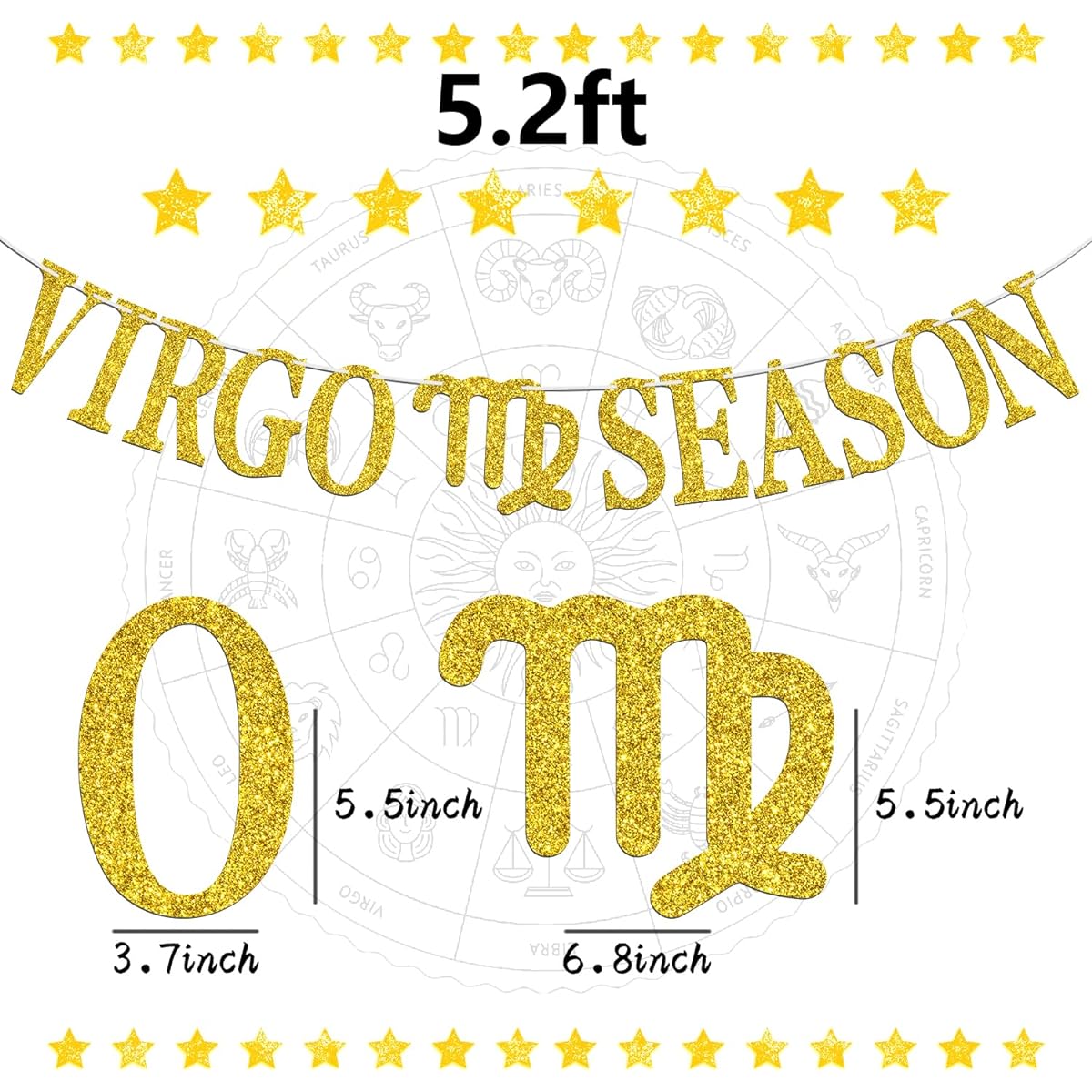 Virgo Season Banner Happy Birthday Virgo Stars and Stripes August/September Big Virgo Energy 12 Zodiac Theme Birthday Party Decorations Supplies Gold Glitter