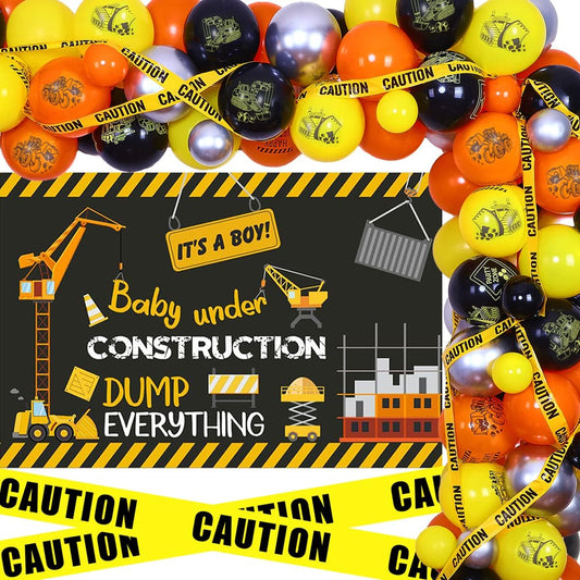 Assembled Baby Shower Decorations Yellow Orange Under Construction Party Balloon Garland Kit Dump Truck Baby Shower Decoration Excavator Birthday Backdrop Warning Tape for Construction Theme Party