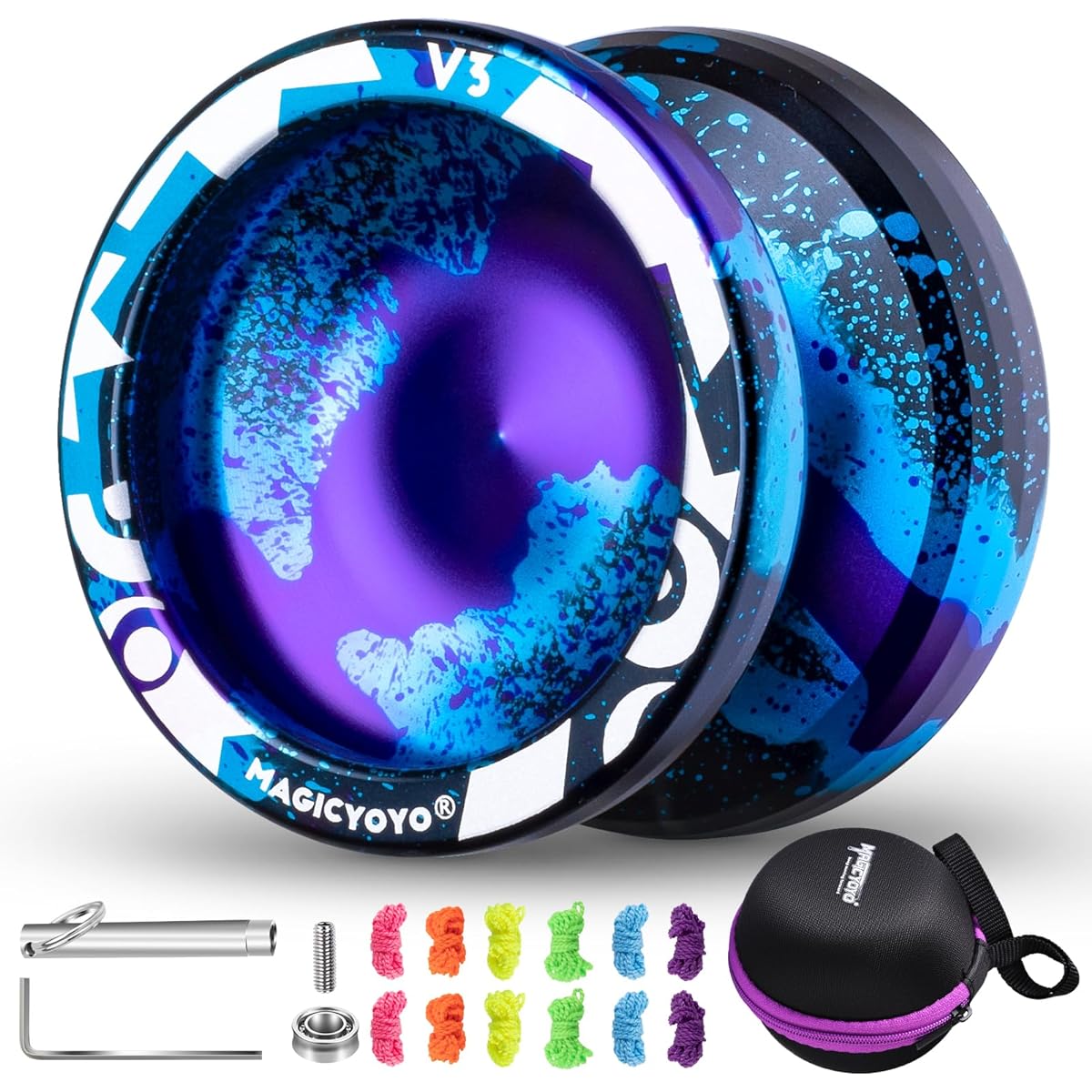 MAGICYOYO Responsive Yoyo V3 Professional Metal Yoyo for Kids Beginners Aluminum Alloy Yoyo with Non-Responsive Bearings + Bearing Removal Tool + Axles + Bag + 12 Yoyo Strings (Black Blue Purple)