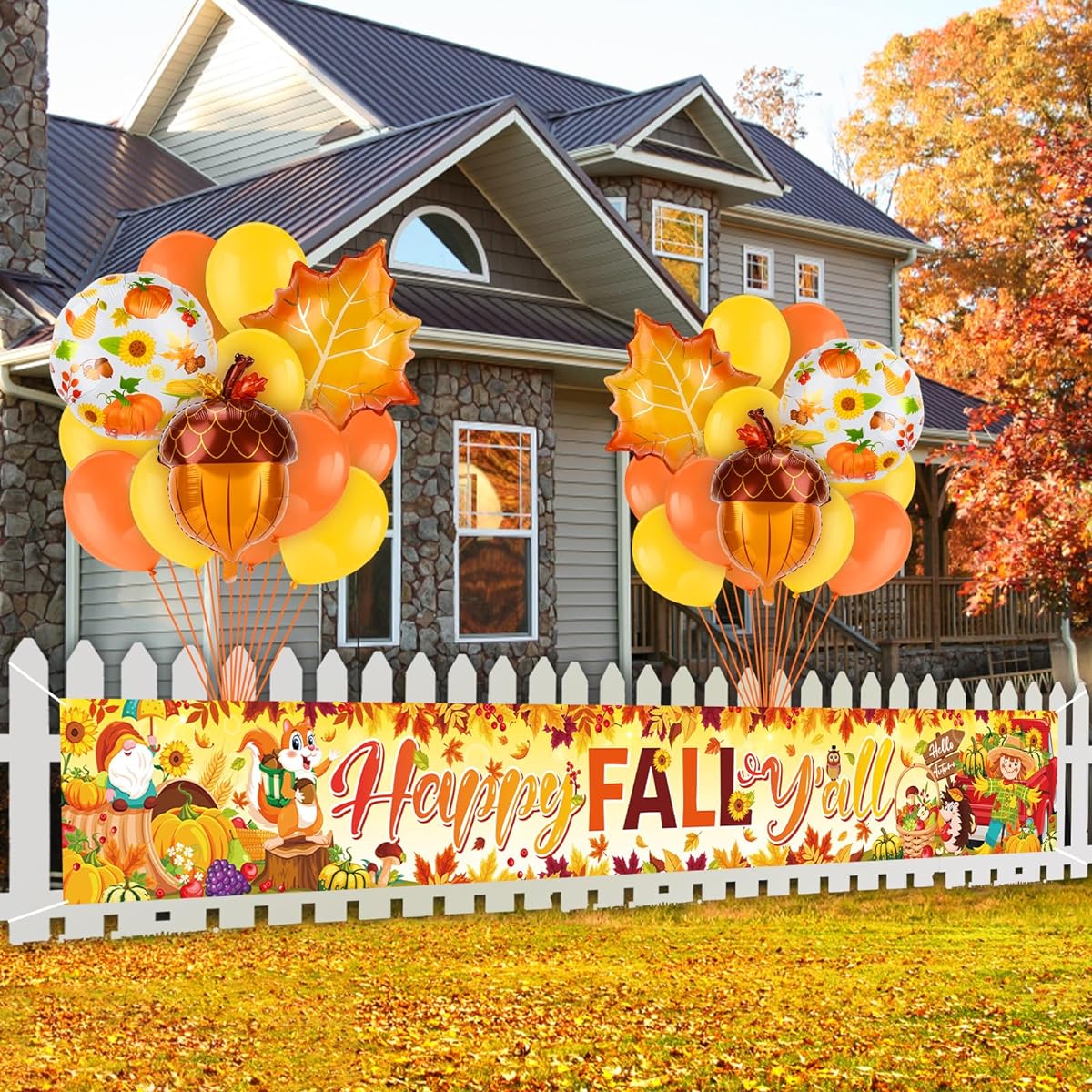 HOWAF Happy Fall Y'all Party Decorations - Happy Fall Y'all Fence Banner with Fall Party Balloons, Fall Harvest Appreciation Event Decorations, Hello Autumn Decorations, Yard Sign Banner with Maple Leaf Balloons
