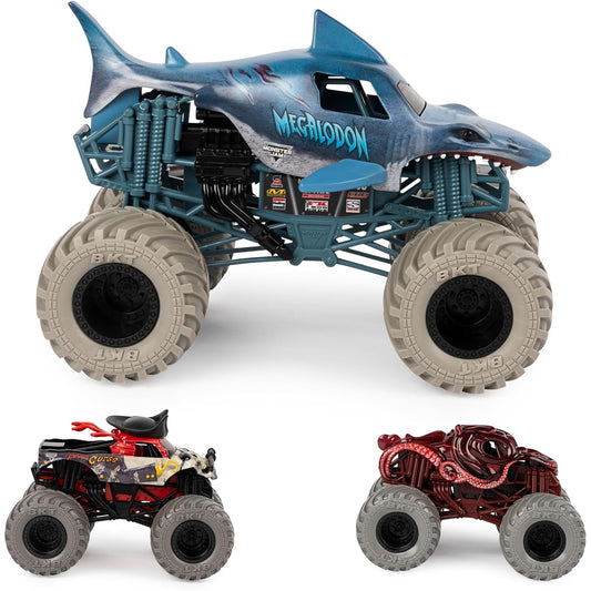 Monster Jam, Into The Deep Diecast Monster Trucks 1/24 Scale Megalodon 1/64 Scale Pirate's Curse & Octon8er Ages 4-6+