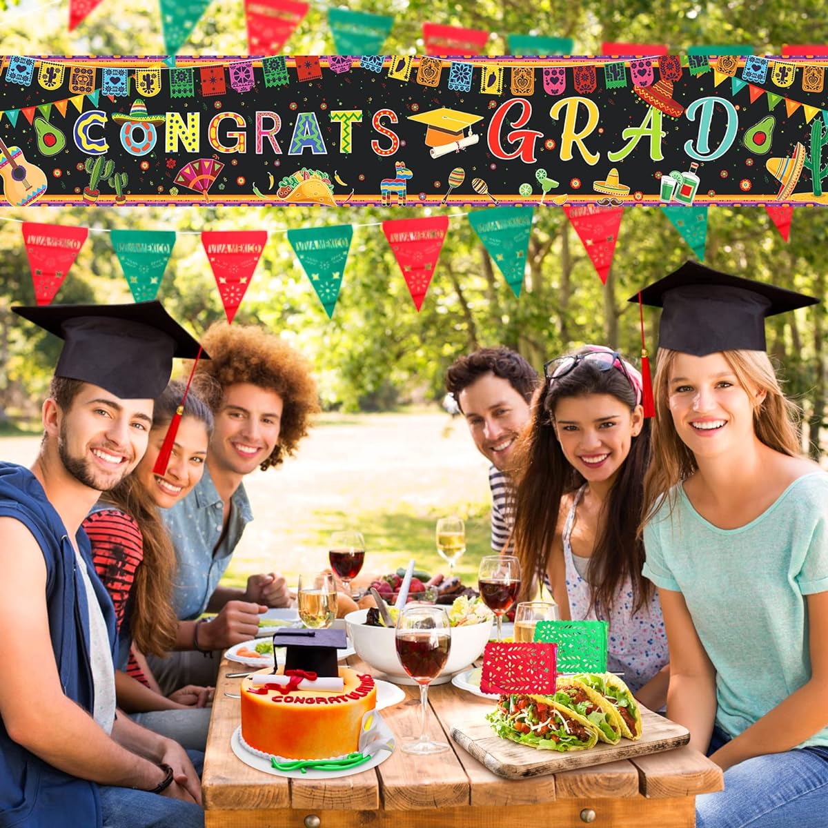 Mexican Fiesta Graduation Banner Backdrop, Mexico Graduation Decorations, Class of 2023 Yard Banner Sign Party Supplies, Congratulations Graduation Fabric Background for High School College, 118x20 Inch
