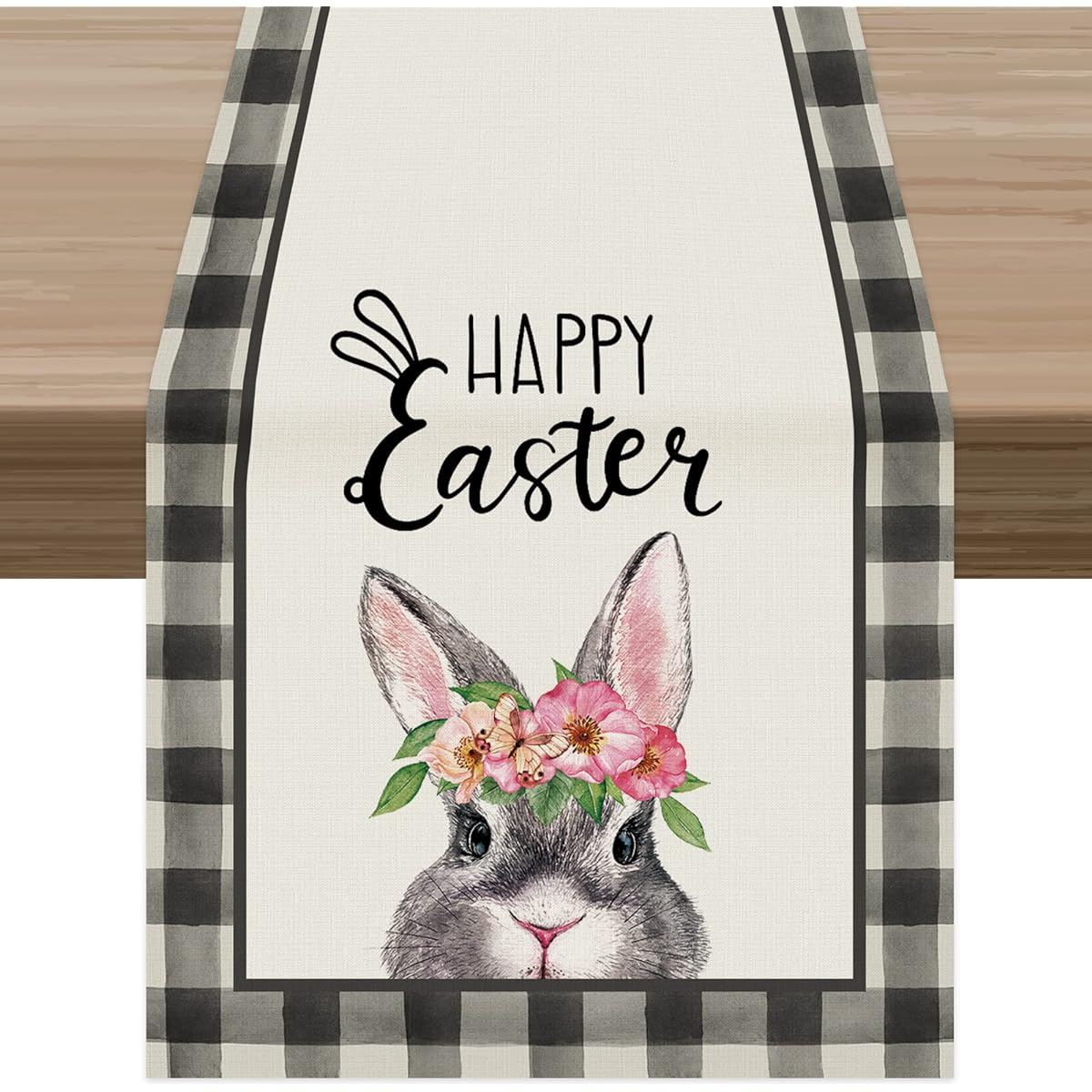 Celepaty Buffalo Plaid Cute Grey Rabbit Pink Flower Crown Happy Easter Table Runner 72" Long Spring Easter Holiday Home Kitchen Dining Table Runner Decor