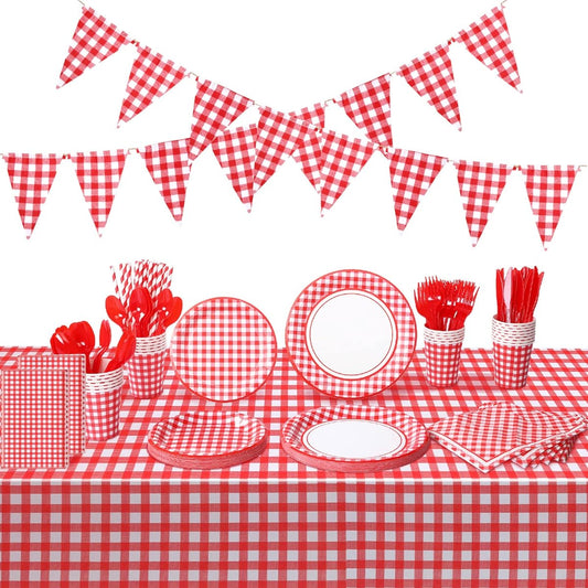 205pcs Red and White Gingham Party Supplies for 25 Guests, Red Checkered Tablecloth, Pennant Banner, Plates, Cups, Napkins, Cutlery, Straws for Picnic BBQ Birthday Party Decorations