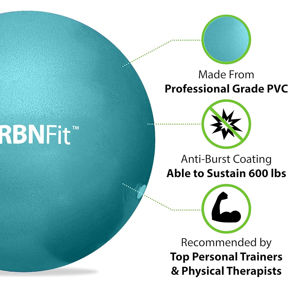 URBNFit Pilates Ball 9 Inch - Small Exercise Ball Yoga Bar for Physical Therapy Stretching Posture Core Fitness - Mini Bender for Lower Back Pain Massage Ball with Workout Guide - Aqua