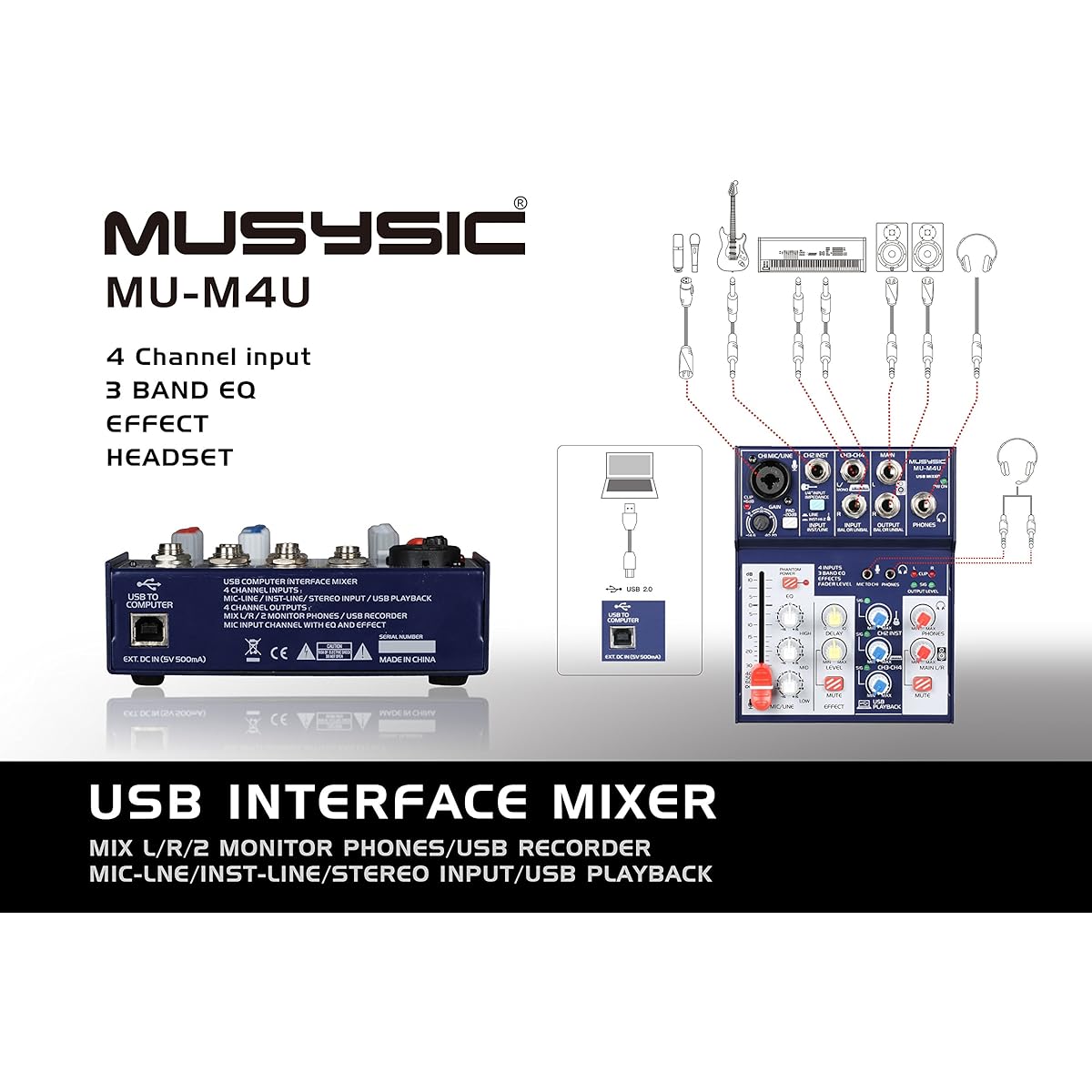 MUSYSIC Studio Recording Kit Webcast Bundle 4 Channel Mixer with USB Interface MU-M4KIT
