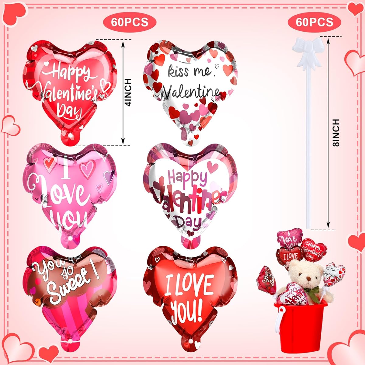 Gemscream 60pcs 4" Valentine's Day I Love You Balloons Self Inflating Valentine Heart Balloons Auto Inflate Mini Foil Balloons with Sticks for Wedding Engagement Bachelorette Birthday Party