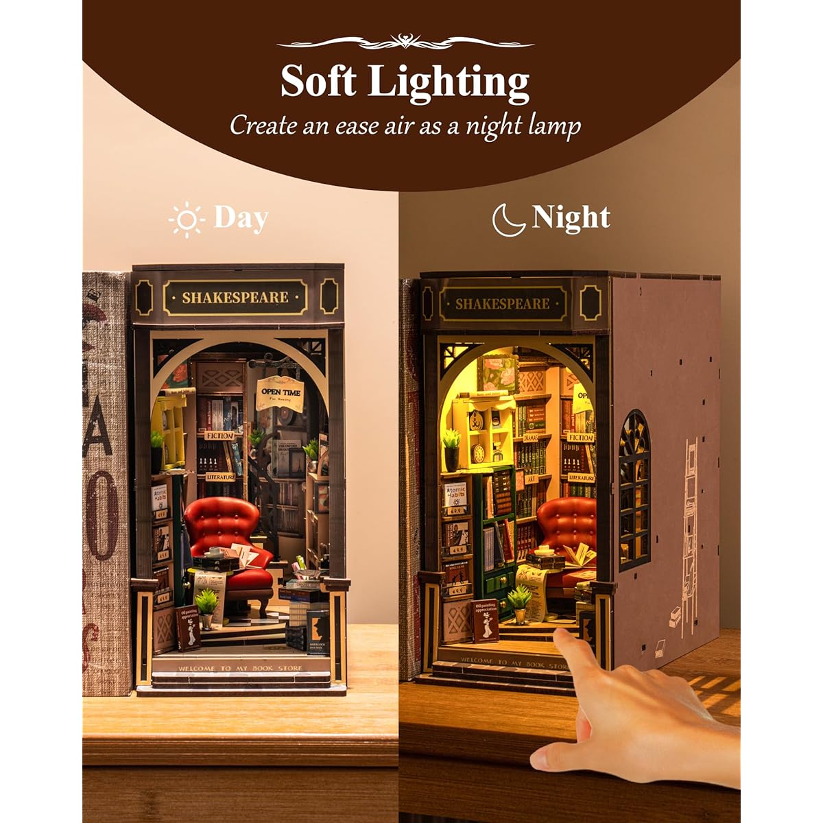 le Craft Wooden Handmade Kit Miniature Dollhouse Kit Book Stand Assembling Bookshelf Decoration LED Switching Light Miniature House Mini World Even Beginners and Junior High School Students Can Do It Alone Ideal as a Gift Official Sales (Bookstore-TGB07)