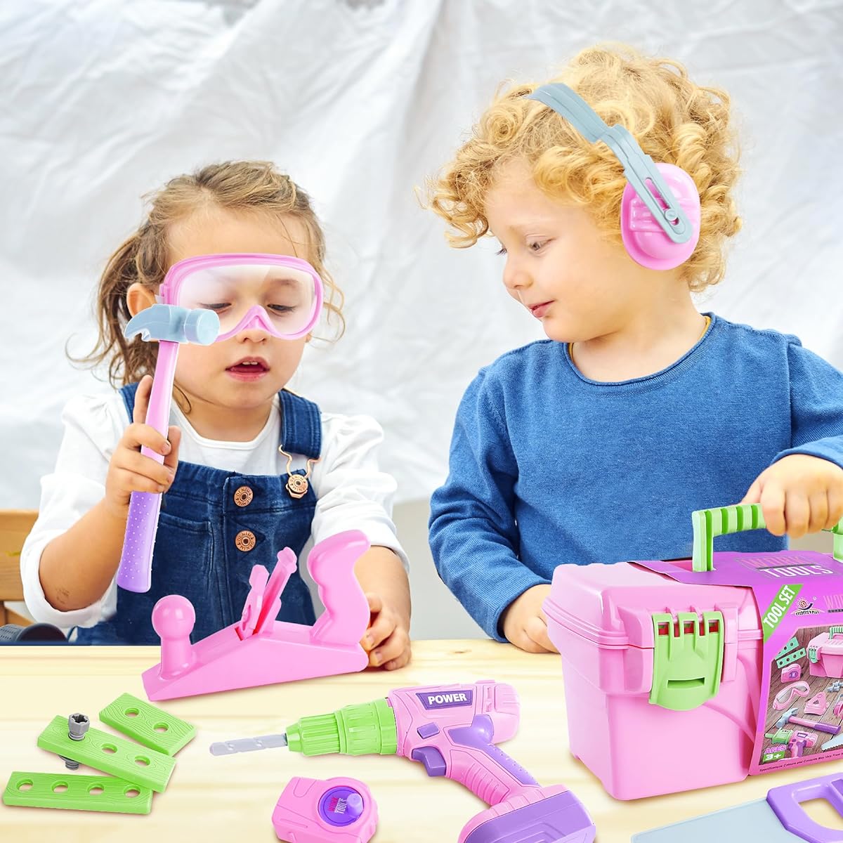 Tool Set for Kids, Tool Set for Girls, Pretend Play, Building Toy Tools with Tool Box, Tool Set for Toddlers with Electric Toy Drill, for Toddlers, Boys, Girls, Kids, Tools, Toys, Pink, Ages 3+