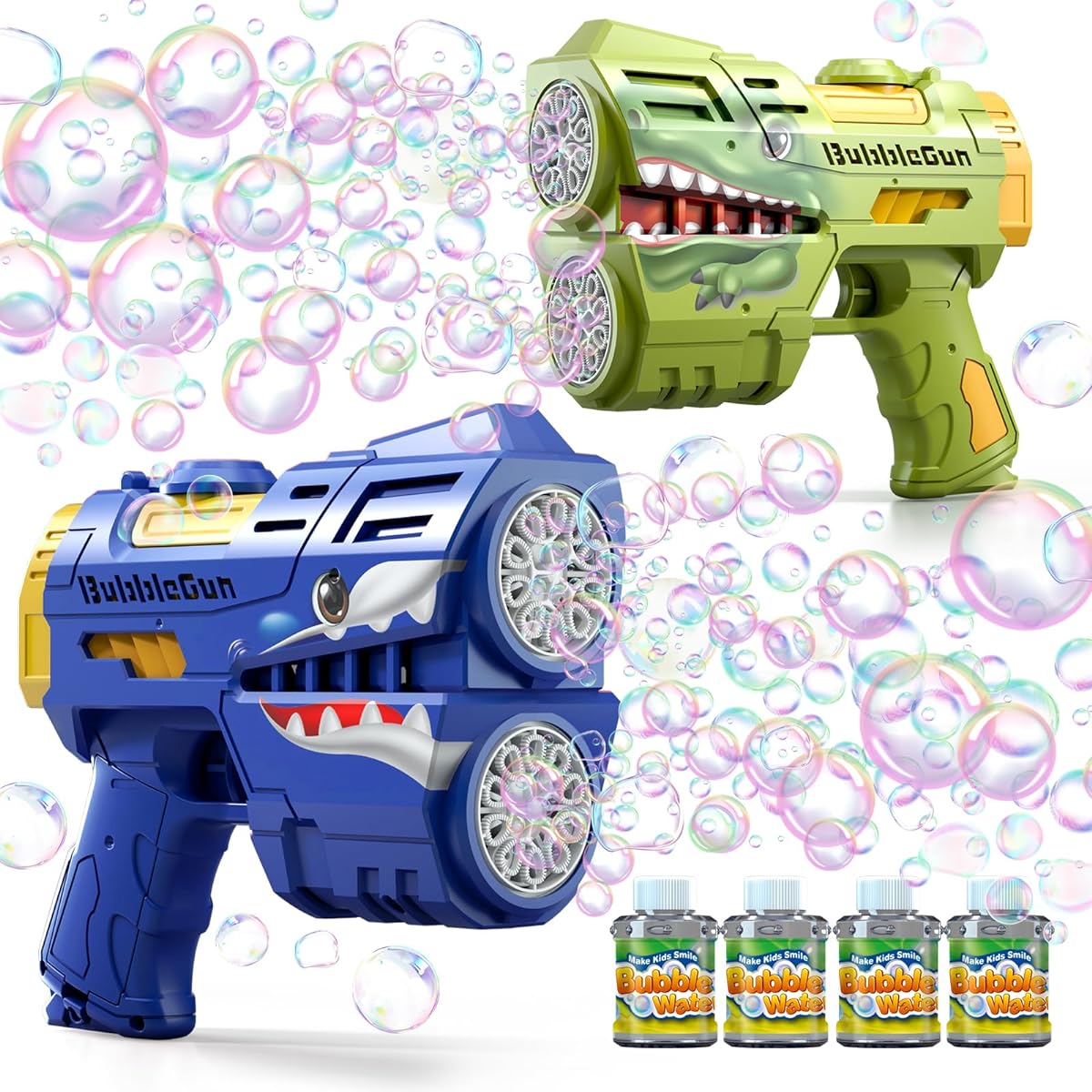 Jasny Dinosaur Bubble Gun for Kids LED Light Up Dinosaur Bubble Machine Blower 2 Pack with 4 Bottles Bubble Refill Liquid for Kids 4-8 Years Old Bubble Maker Blaster for Toddler Wedding Birthday Gift