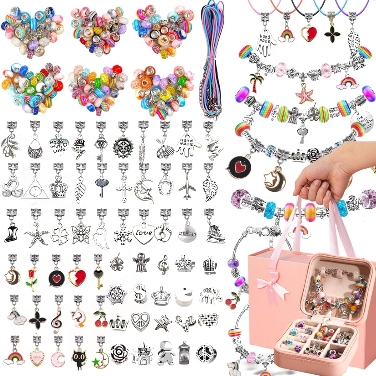 Charm Bracelet Making Kit for Girls - 142 Pieces DIY Charm Bracelets Jewelry Making Kit with Gift Packaging, Gift Wrapping and Portable Bracelet Organizer Box for Girls Ages 5-12 - Inspire Creativity