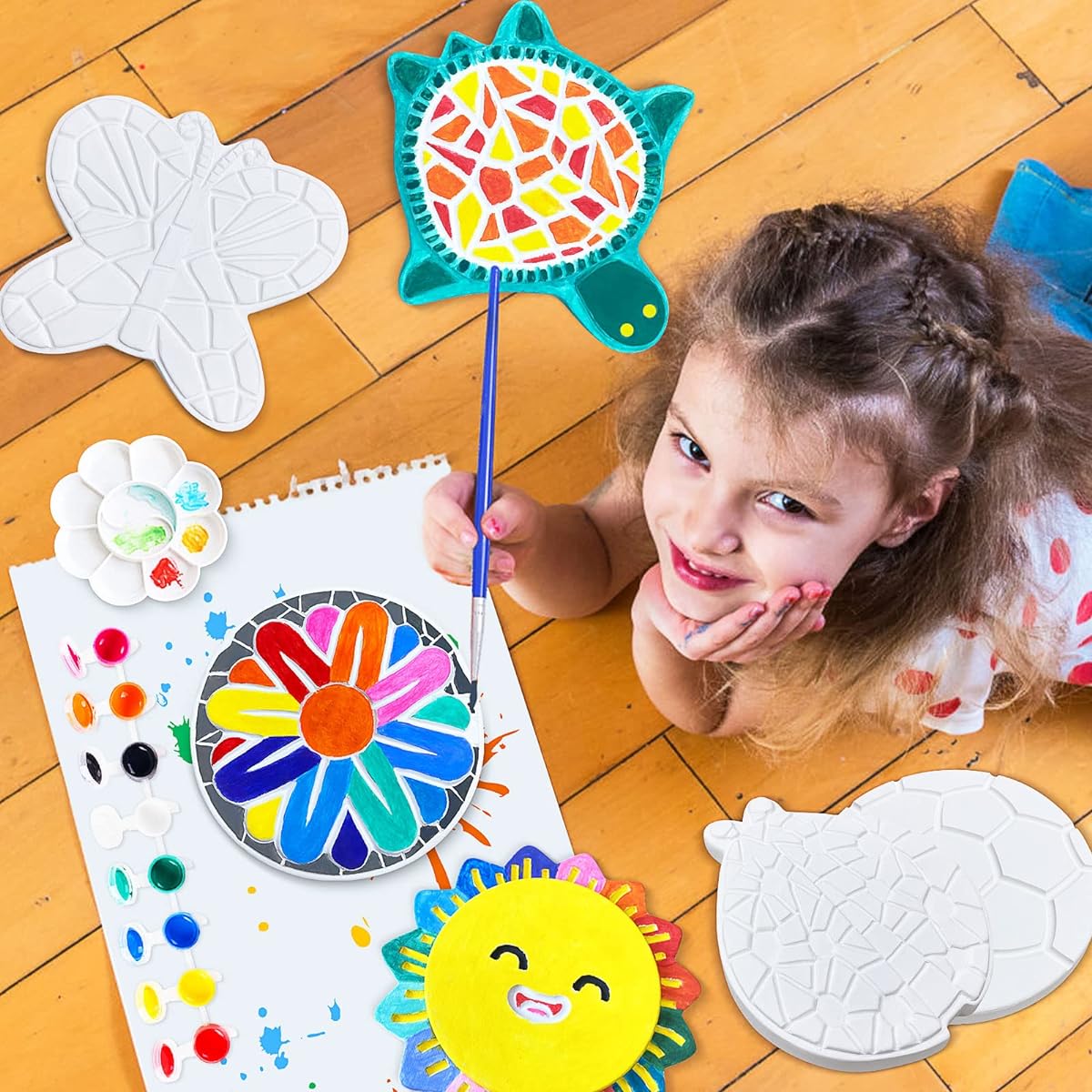 ESTVIIG 6pcs Stepping Stones Craft Kit for Kids Paint Your Own DIY Kids Craft Kit for 4-8 Years Old Kids Fun Plaster Painting Art Toy Birthday Gift Decorative Garden