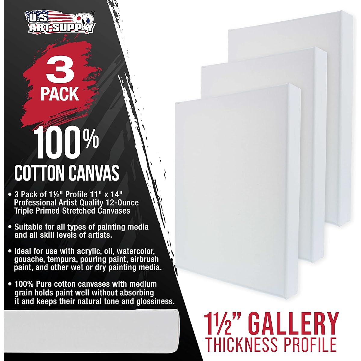 U.S. Art Supply 11" x 14" Gallery Depth 1-1/2" Profile Stretched Canvas 3 Pack - Acrylic Gesso Triple Prime 12oz 100% Cotton Acid Free Back Stapled